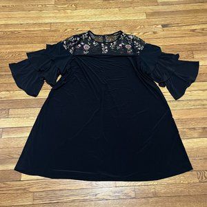 Lane Bryant Black Floral Lace Neckline Dress Womens Size 26/28 Ruffle Sleeve